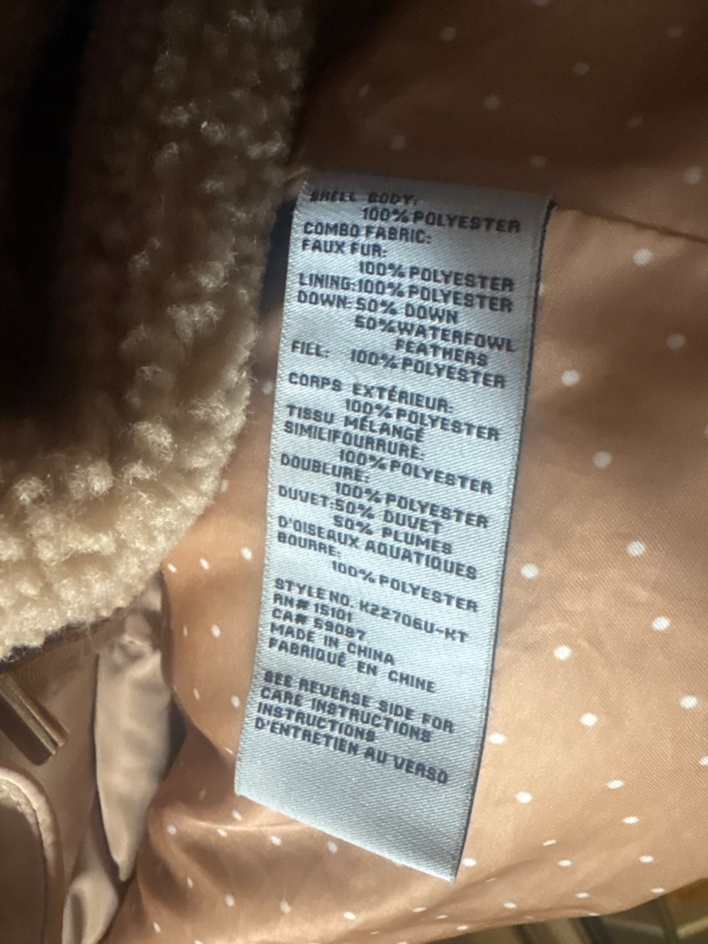 Kate Spade Camel Down Puffer Coat M Faux Fur Teddy Sherpa Hooded LIKE NEW - Picture 5 of 5